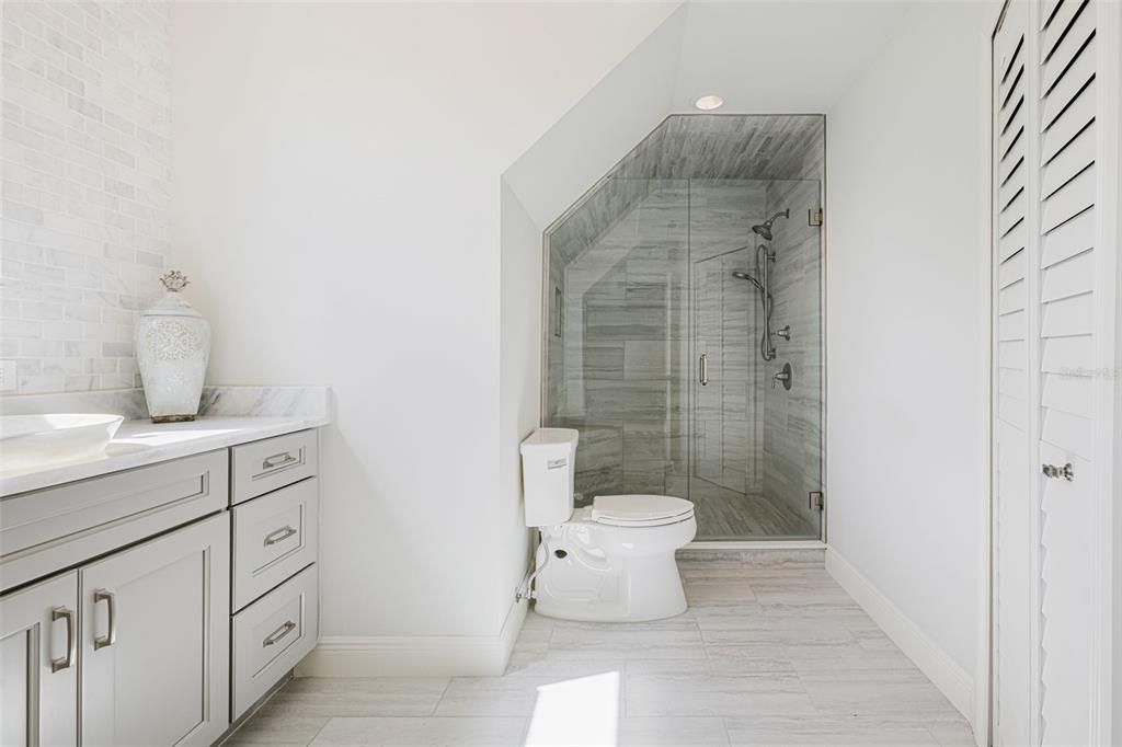 Bathroom, Glass Shower, Interior, Marble, Recessed Lighting