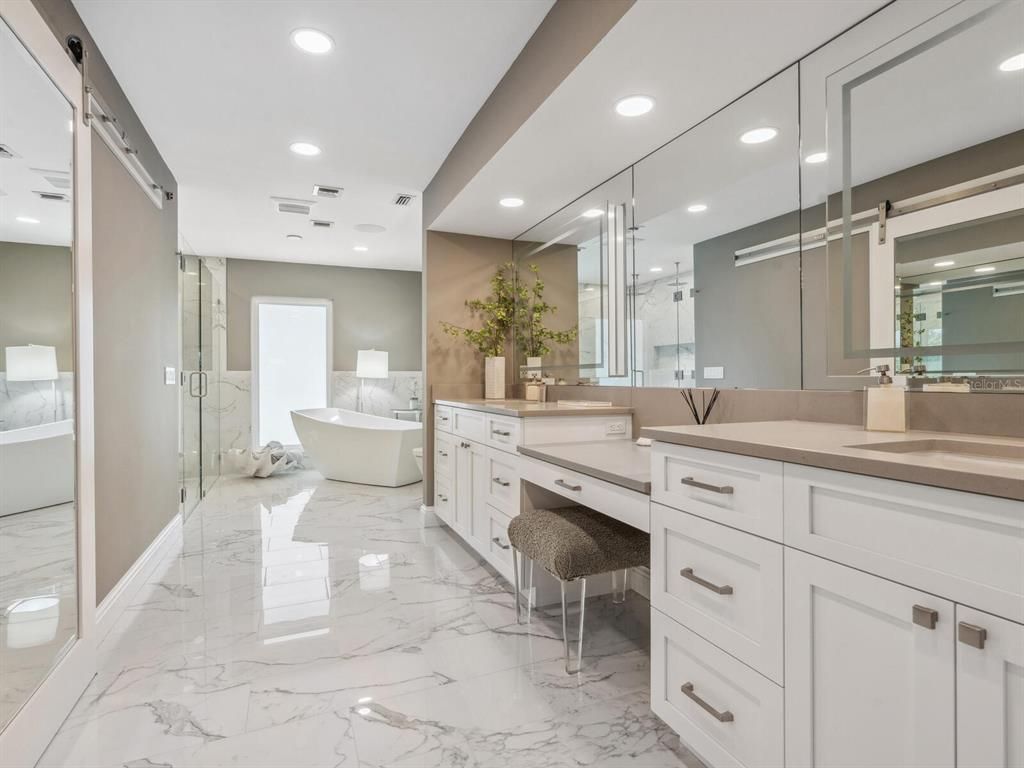 Bathroom, Dual Sink Vanities, Free Standing Baths, Glass Shower, Interior, Marble, Recessed Lighting