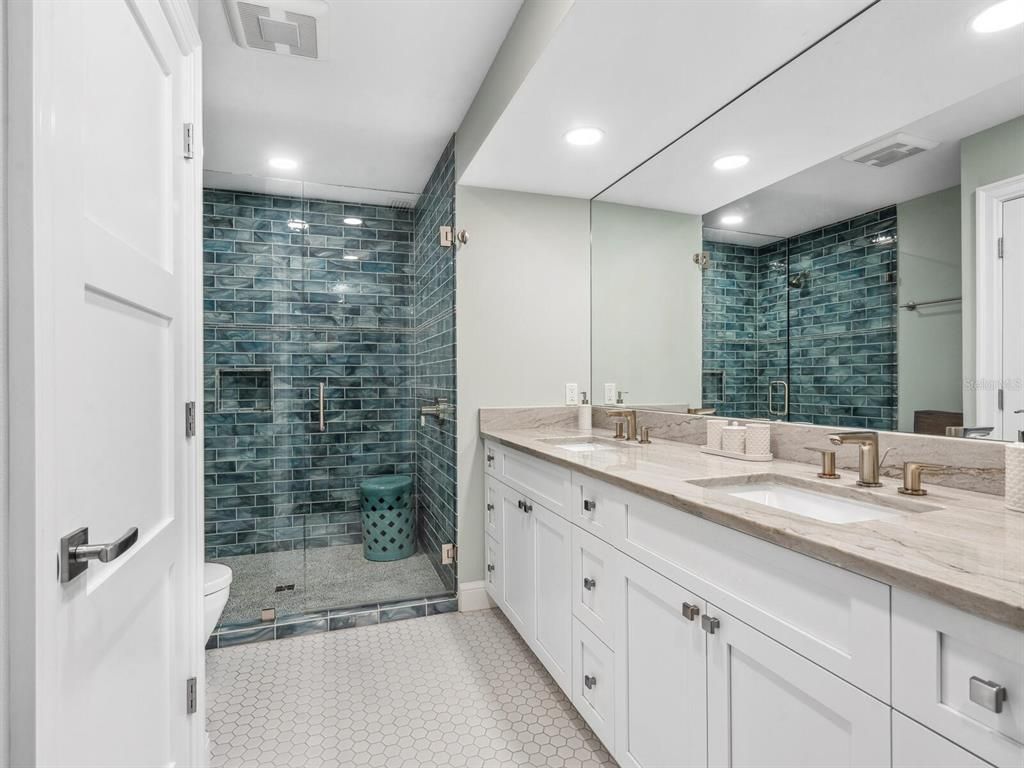 Bathroom, Dual Sink Vanities, Glass Shower, Interior, Recessed Lighting