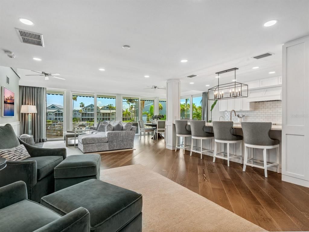 Dining room, Interior, Kitchen, Living room, Pendant Lights, Recessed Lighting, Wood Texture Flooring
