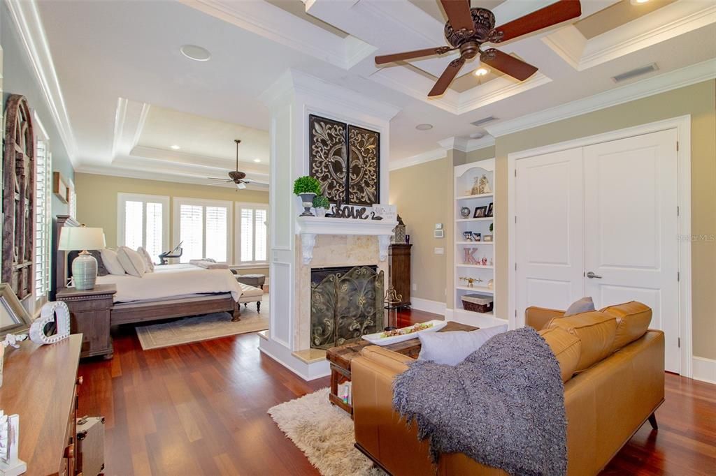 Bedroom, Fireplace, Interior, Recessed Lighting, Wood Texture Flooring