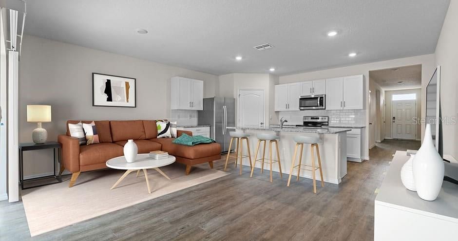 Interior, Kitchen, Living room, Recessed Lighting, Stainless Steel Appliances, Wood Texture Flooring