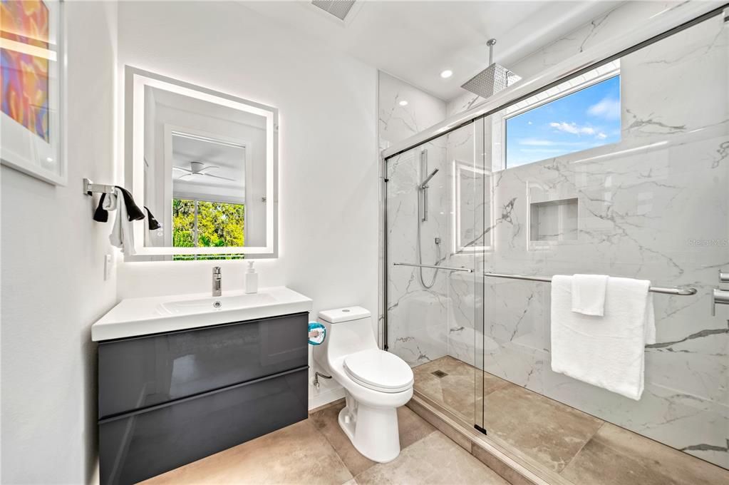 Bathroom, Glass Shower, Interior, Marble Walls, Recessed Lighting
