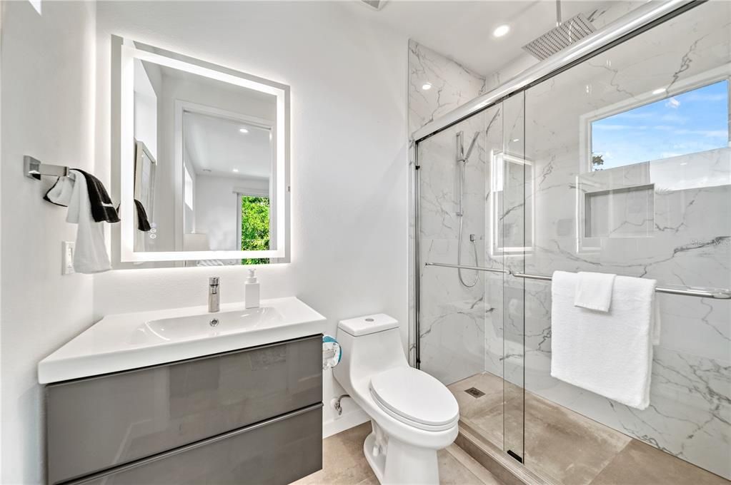 Bathroom, Glass Shower, Interior, Marble Walls, Recessed Lighting