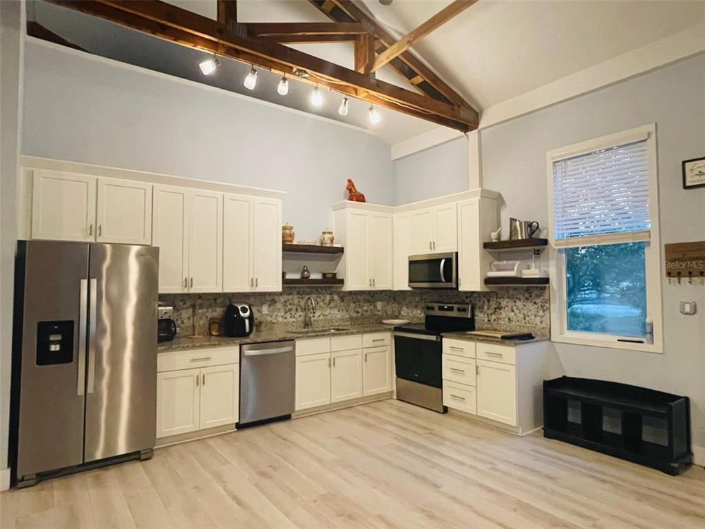 Interior, Kitchen, Stainless Steel Appliances, Wooden Beams, Wood Texture Flooring