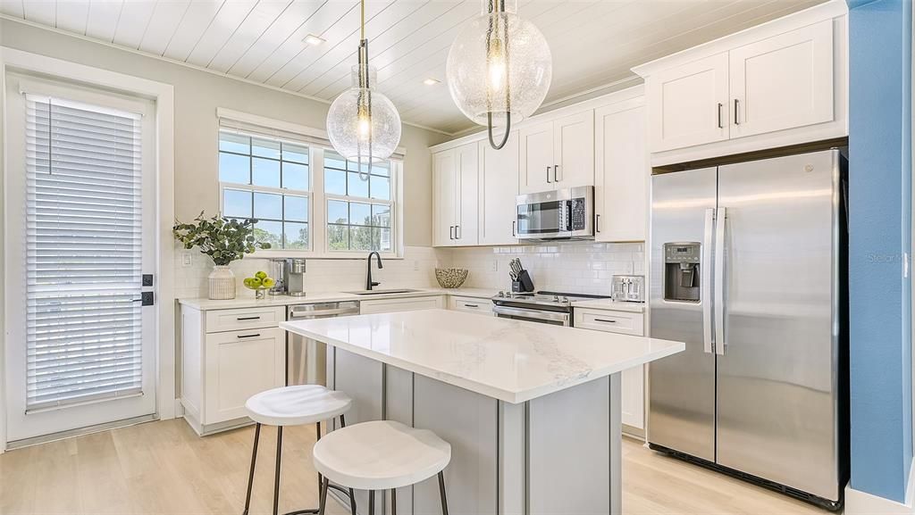 Interior, Kitchen, Pendant Lights, Stainless Steel Appliances, Wood Texture Flooring