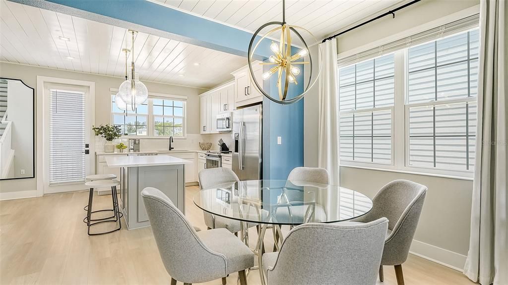 Dining room, Interior, Kitchen, Pendant Lights, Wood Texture Flooring