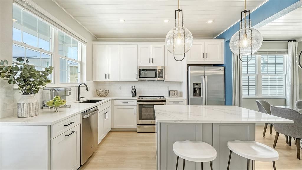 Interior, Kitchen, Pendant Lights, Recessed Lighting, Stainless Steel Appliances, Wood Texture Flooring