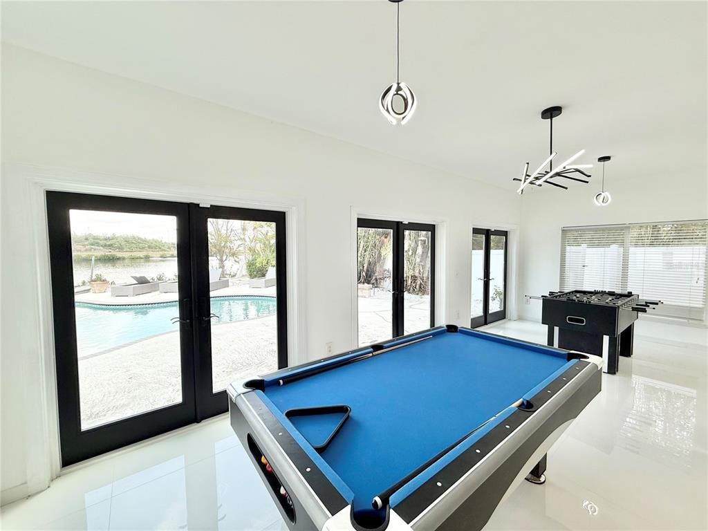 Billiard Table, Game Room, Interior, Pendant Lights, Water