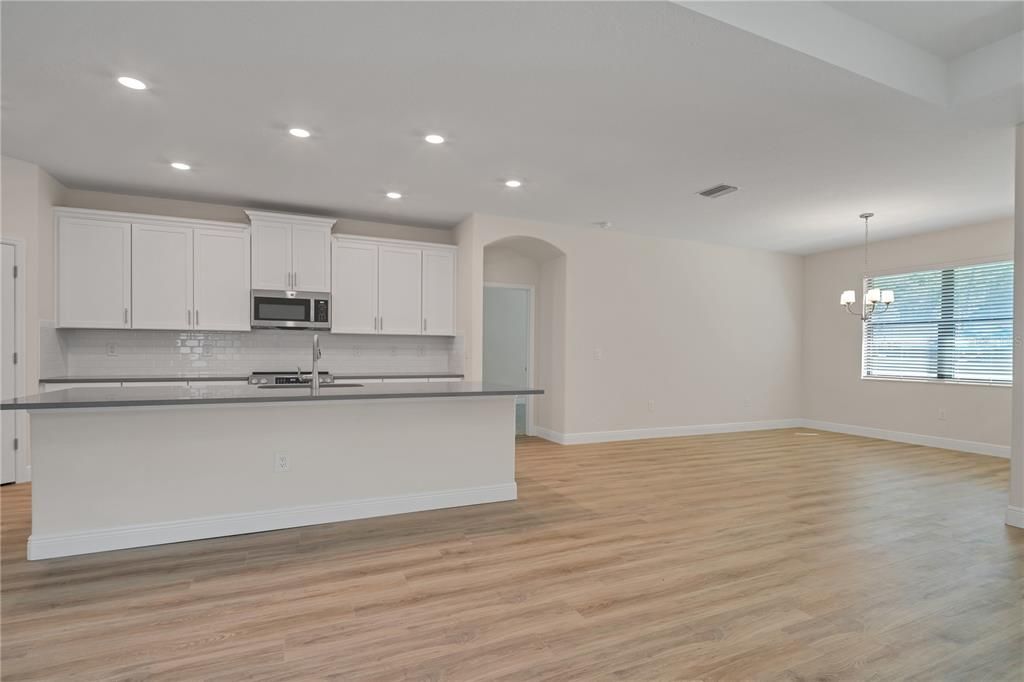 Empty room, Interior, Kitchen, Pendant Lights, Recessed Lighting, Stainless Steel Appliances, Wood Texture Flooring