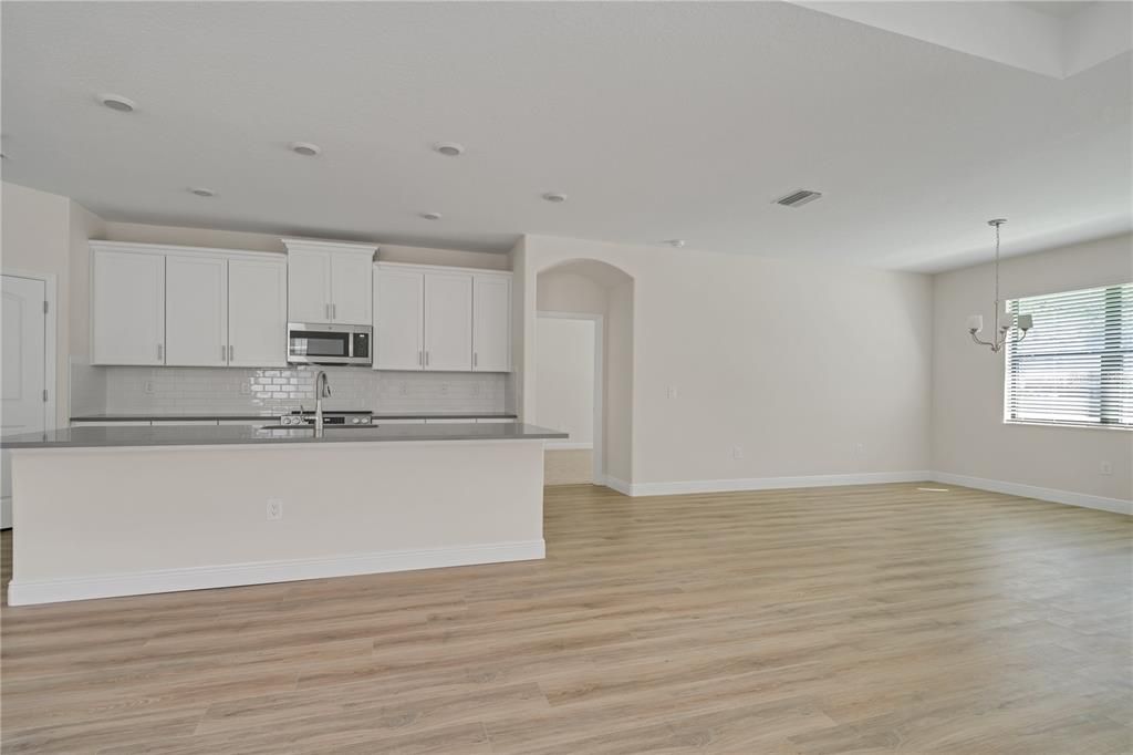 Empty room, Interior, Kitchen, Recessed Lighting, Stainless Steel Appliances, Wood Texture Flooring