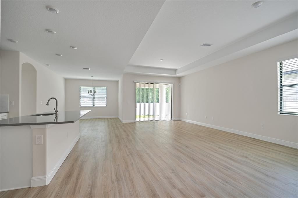 Empty room, Interior, Pendant Lights, Recessed Lighting, Wood Texture Flooring