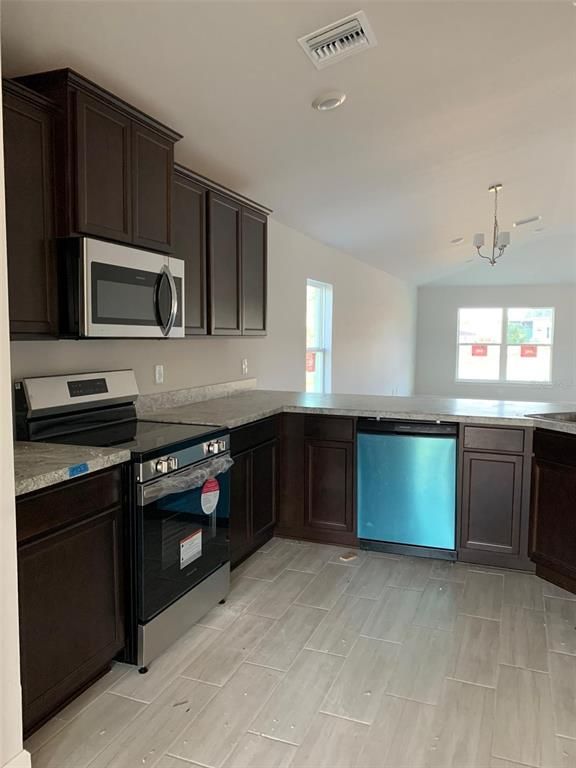 Chandelier, Interior, Kitchen, Recessed Lighting, Wood Texture Flooring