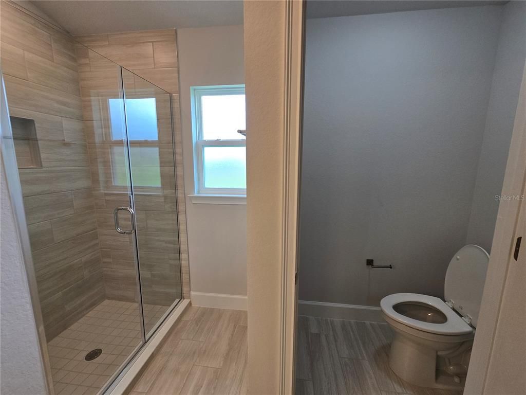 Bathroom, Glass Shower, Interior, Wood Texture Flooring