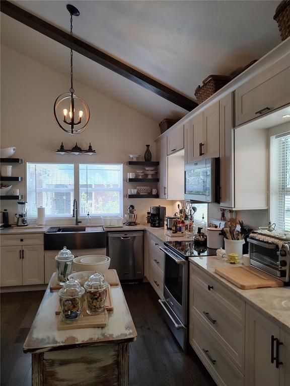 Chandelier, Interior, Kitchen, Pendant Lights, Stainless Steel Appliances, Wooden Beams, Wood Texture Flooring