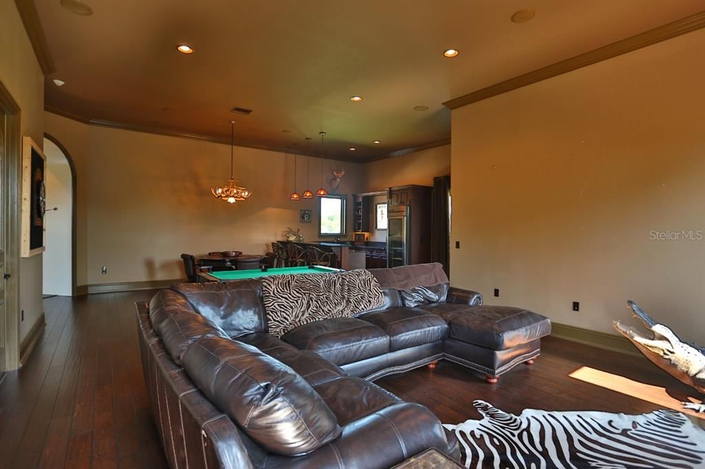 Billiard Table, Game Room, Interior, Living room, Pendant Lights, Recessed Lighting, Wood Texture Flooring