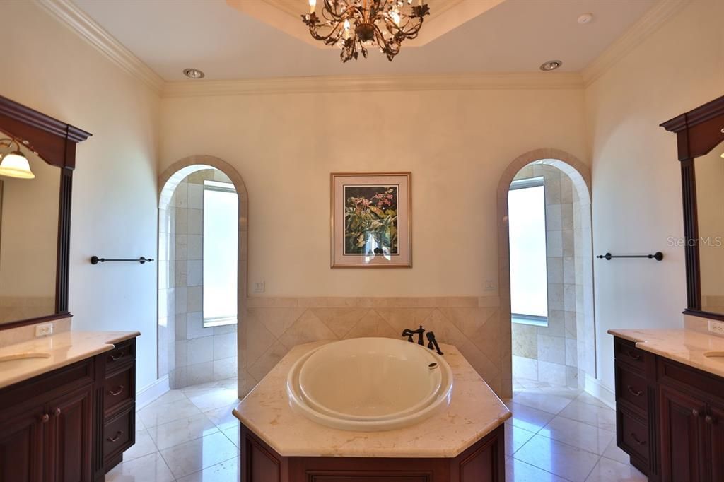 Bathroom, Chandelier, Glass Shower, Interior, Recessed Lighting