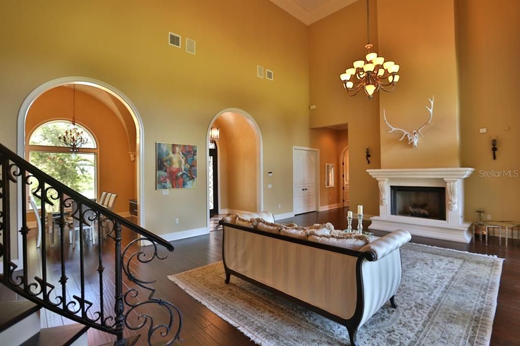 Chandelier, Fireplace, Interior, Wood Texture Flooring