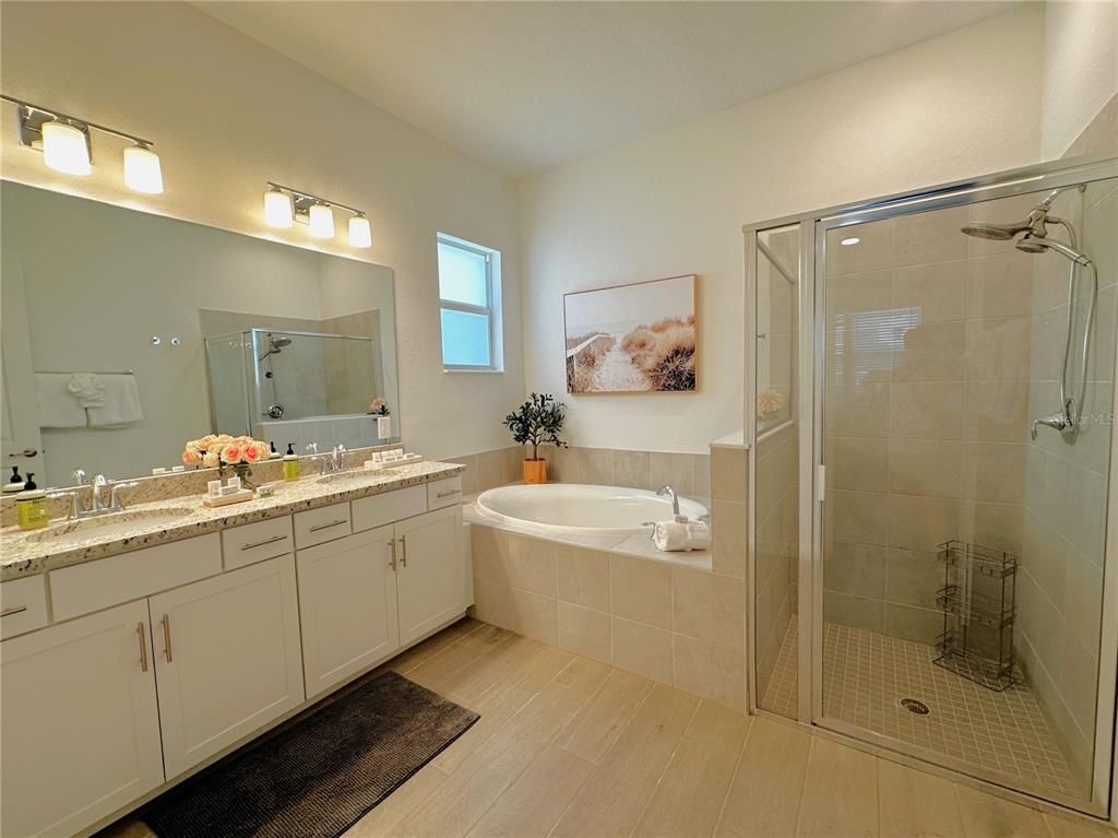 Bathroom, Dual Sink Vanities, Glass Shower, Interior, Wood Texture Flooring