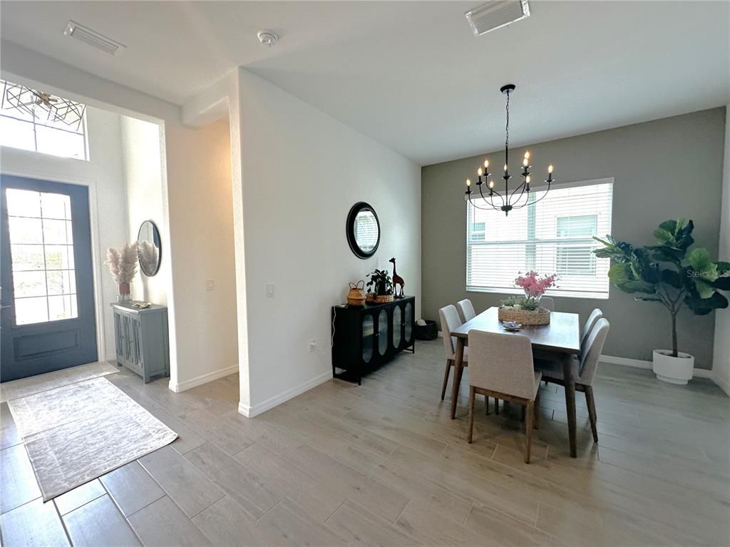 Dining room, Interior, Pendant Lights, Wood Texture Flooring