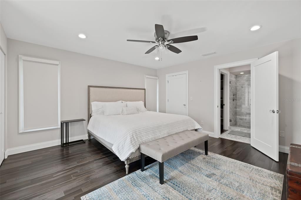 Bedroom, Interior, Recessed Lighting, Wood Texture Flooring
