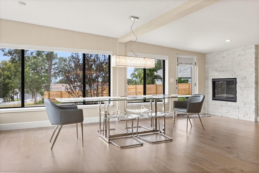 Chandelier, Interior, Pendant Lights, Recessed Lighting, Stone Walls, Wood Texture Flooring