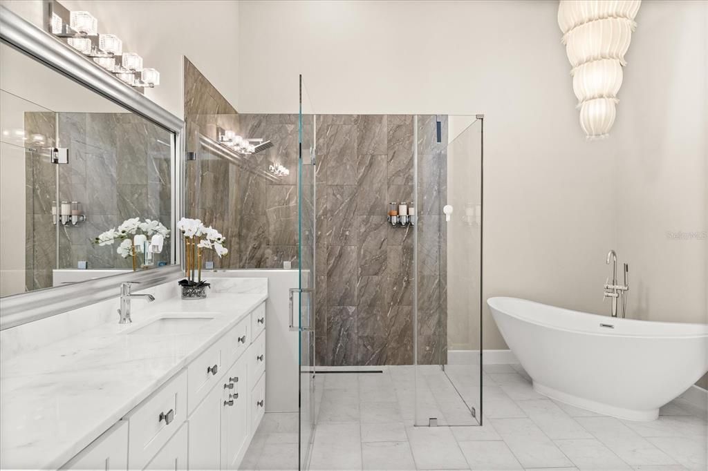 Bathroom, Free Standing Baths, Glass Shower, Interior, Marble, Marble Walls