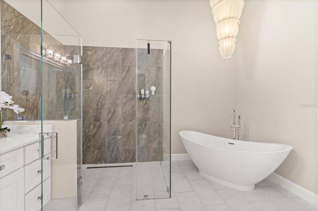 Bathroom, Free Standing Baths, Glass Shower, Interior, Marble, Marble Walls