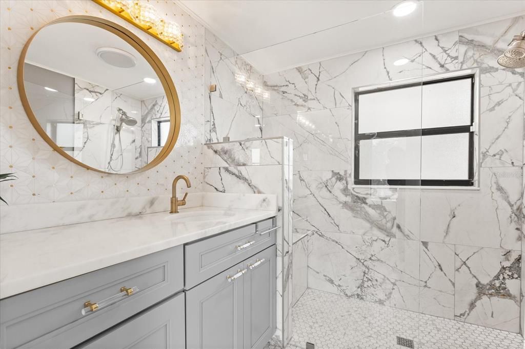 Bathroom, Glass Shower, Interior, Marble Walls, Recessed Lighting