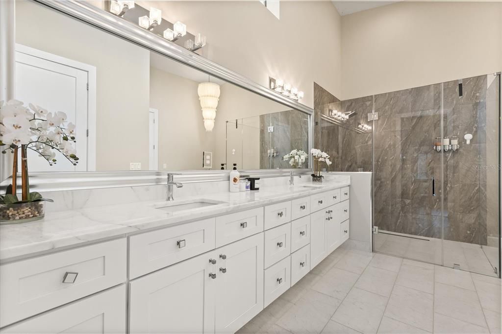 Bathroom, Dual Sink Vanities, Glass Shower, Interior, Marble Walls