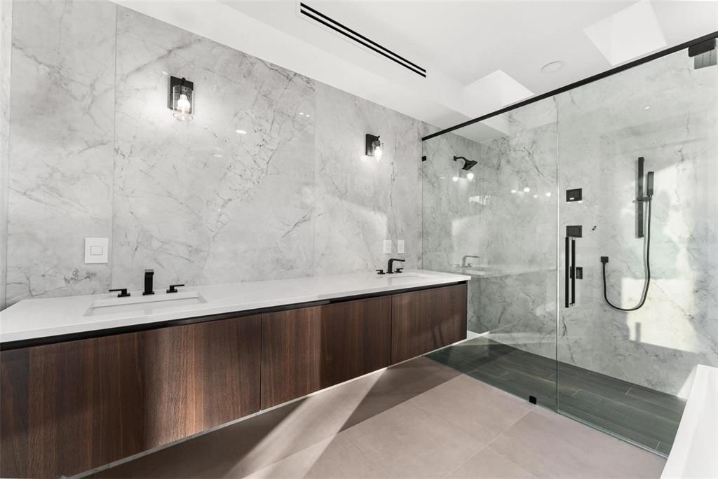 Bathroom, Dual Sink Vanities, Glass Shower, Interior, Marble Walls