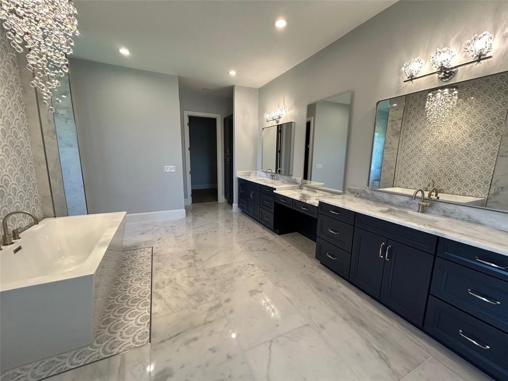 Bathroom, Dual Sink Vanities, Interior, Marble, Recessed Lighting