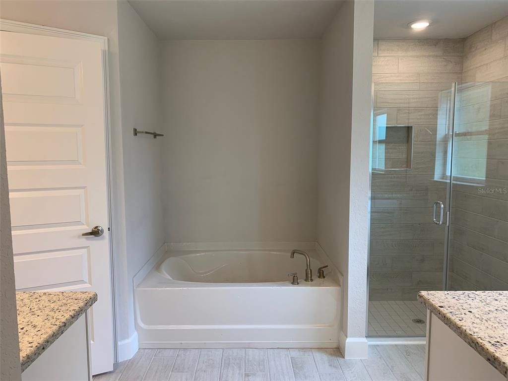 Bathroom, Glass Shower, Interior, Recessed Lighting, Wood Texture Flooring