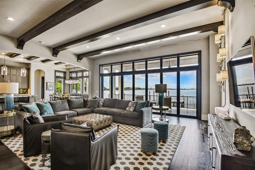 Interior, Living room, Pendant Lights, Recessed Lighting, Water, Wooden Beams, Wood Texture Flooring