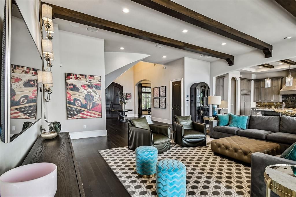 Interior, Kitchen, Living room, Recessed Lighting, Wooden Beams, Wood Texture Flooring