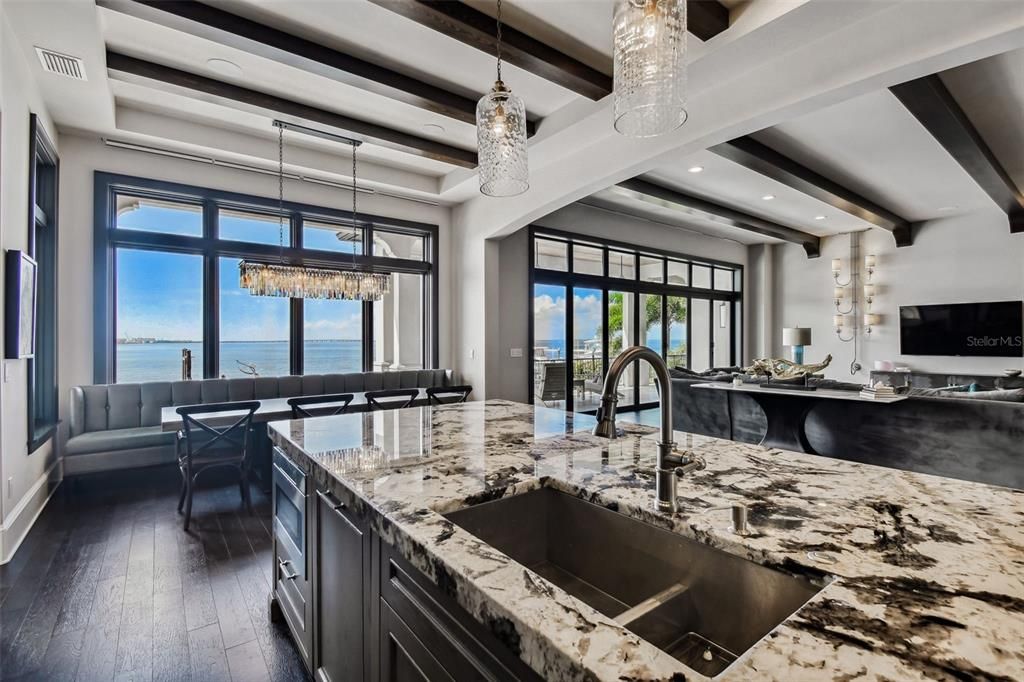 Chandelier, Dining room, Interior, Kitchen, Pendant Lights, Recessed Lighting, Water, Wooden Beams, Wood Texture Flooring