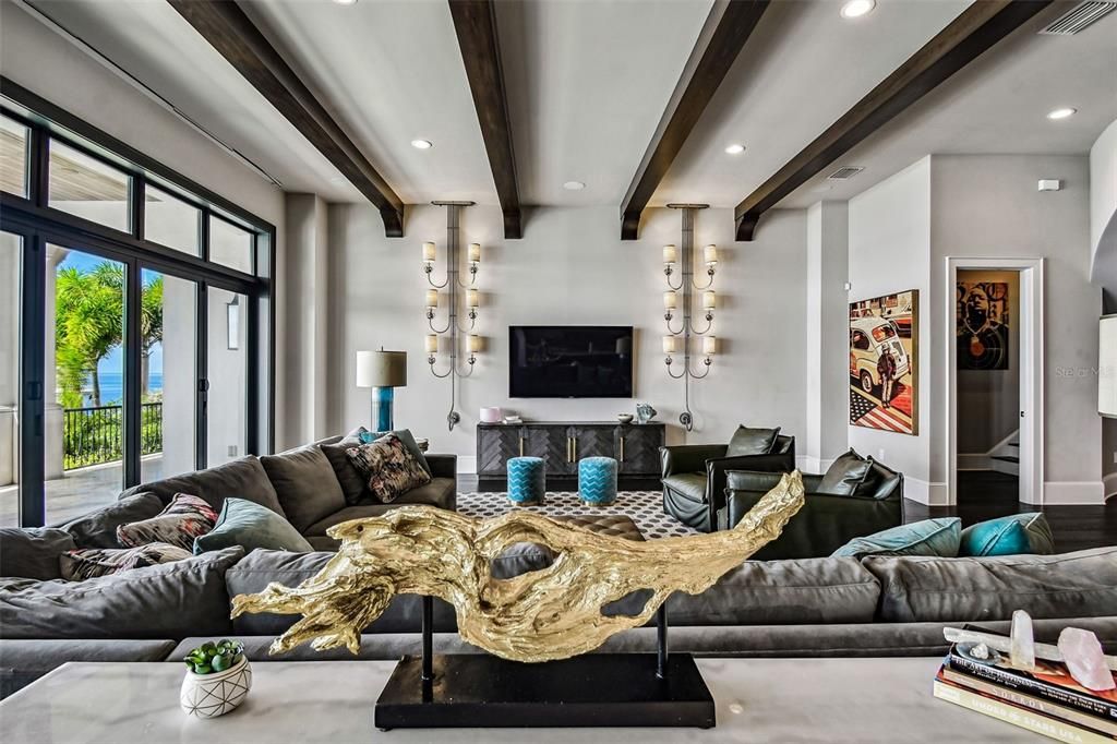 Interior, Living room, Recessed Lighting, Wooden Beams