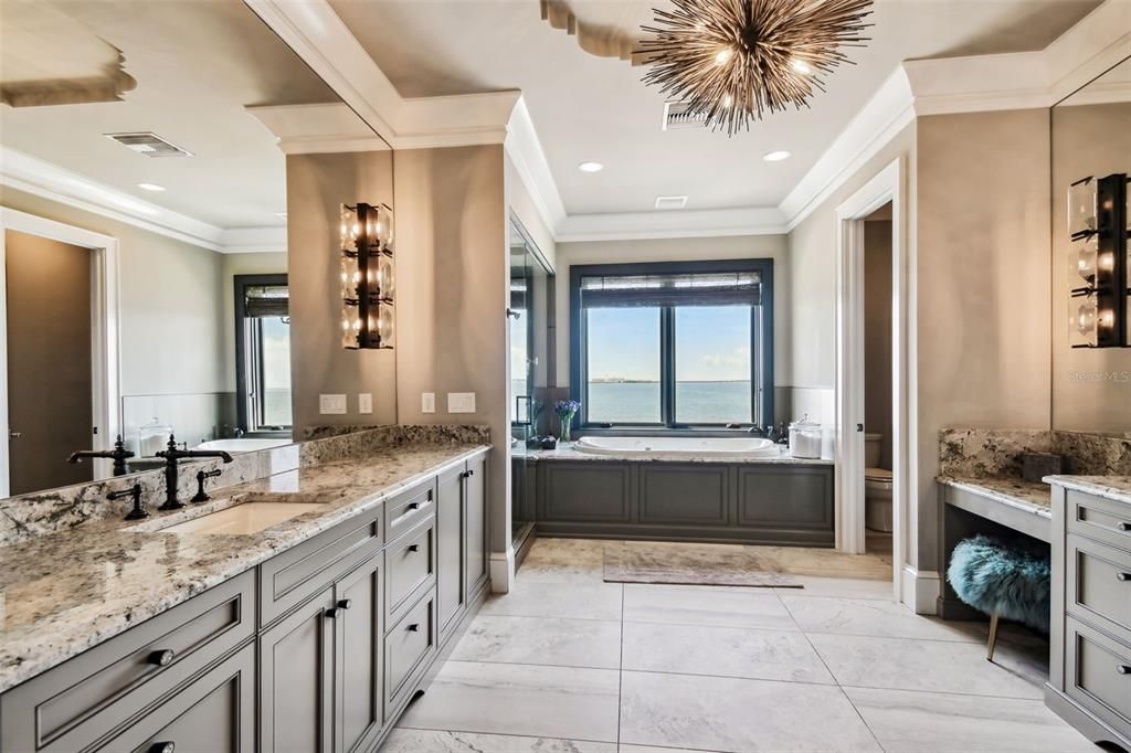 Bathroom, Dual Sink Vanities, Interior, Marble, Recessed Lighting, Water