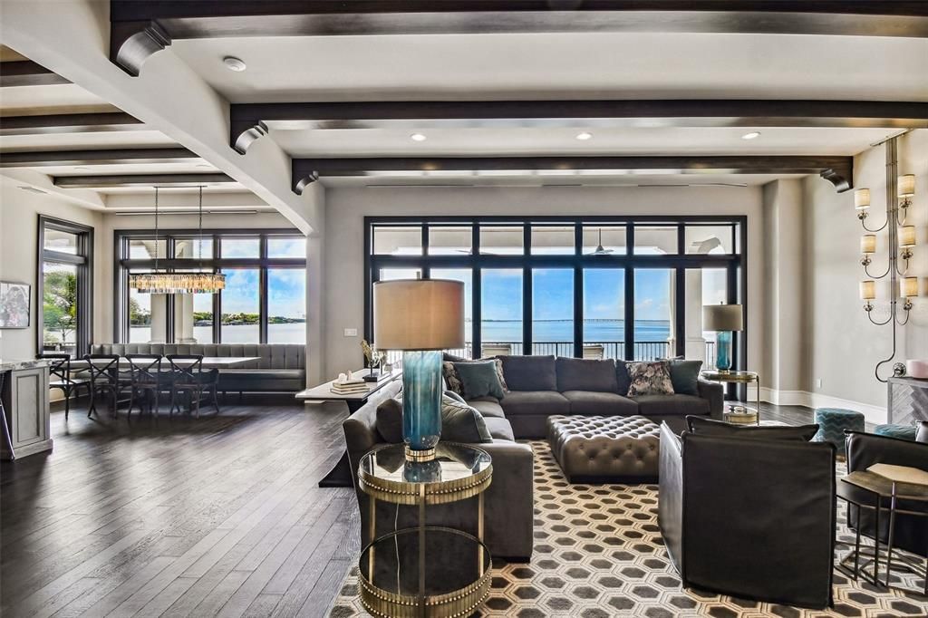 Chandelier, Dining room, Interior, Living room, Recessed Lighting, Water, Wooden Beams, Wood Texture Flooring