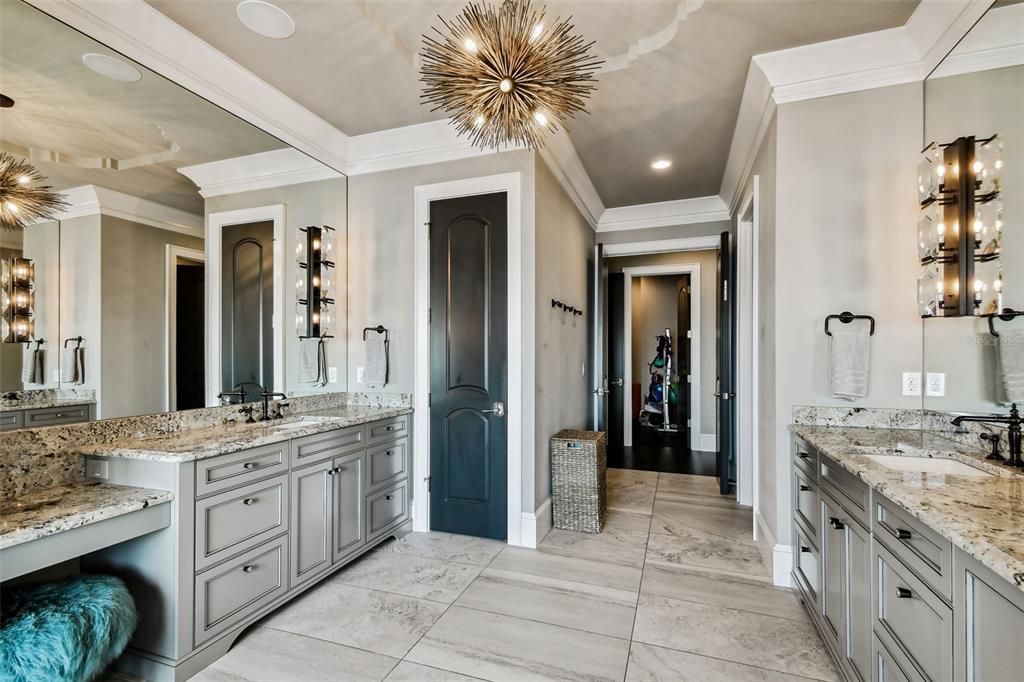 Bathroom, Dual Sink Vanities, Interior, Marble, Recessed Lighting