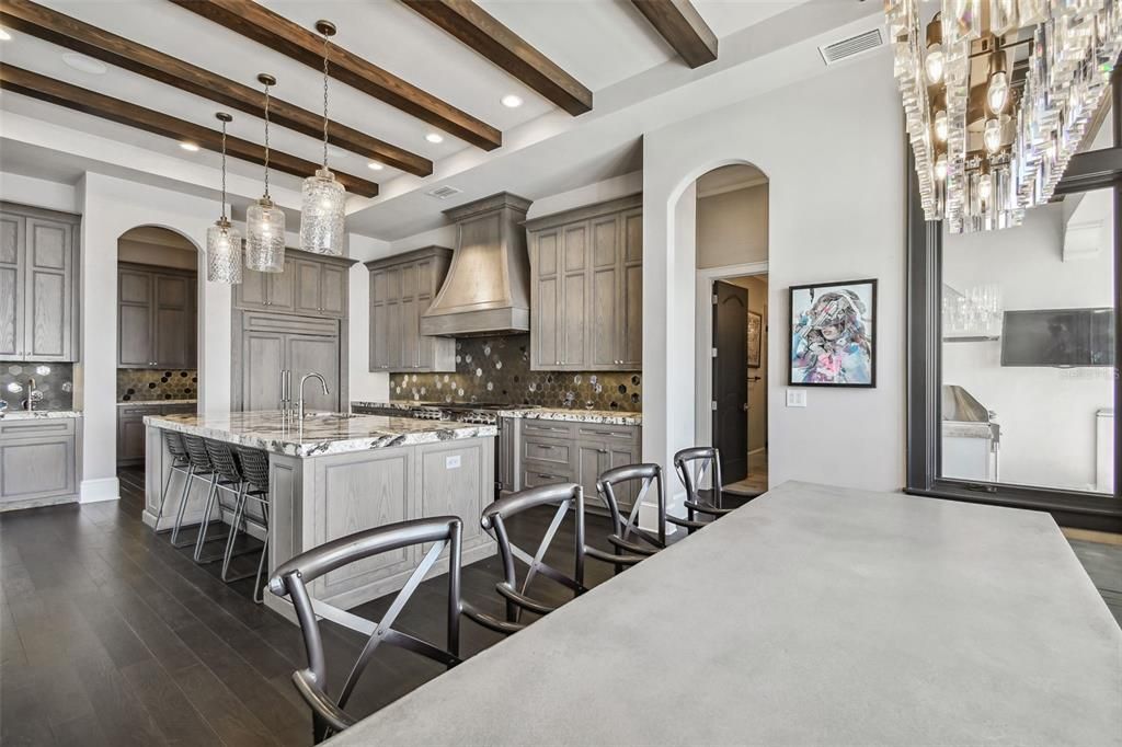Interior, Kitchen, Pendant Lights, Recessed Lighting, Stainless Steel Appliances, Wooden Beams, Wood Texture Flooring