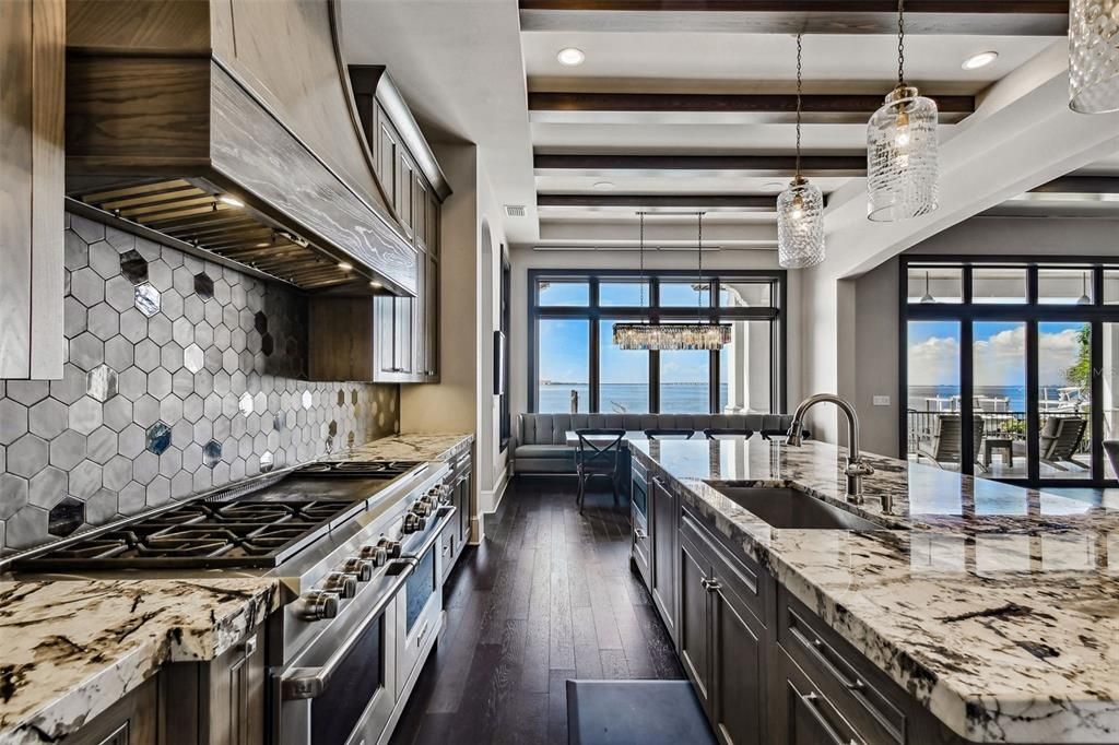 Chandelier, Interior, Kitchen, Pendant Lights, Recessed Lighting, Stainless Steel Appliances, Water, Wooden Beams, Wood Texture Flooring