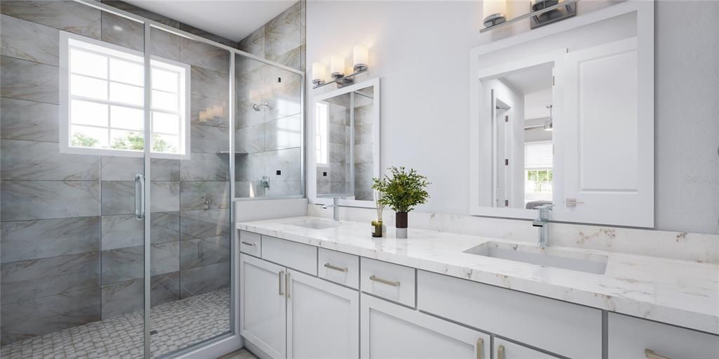 Bathroom, Dual Sink Vanities, Glass Shower, Interior, Marble Walls