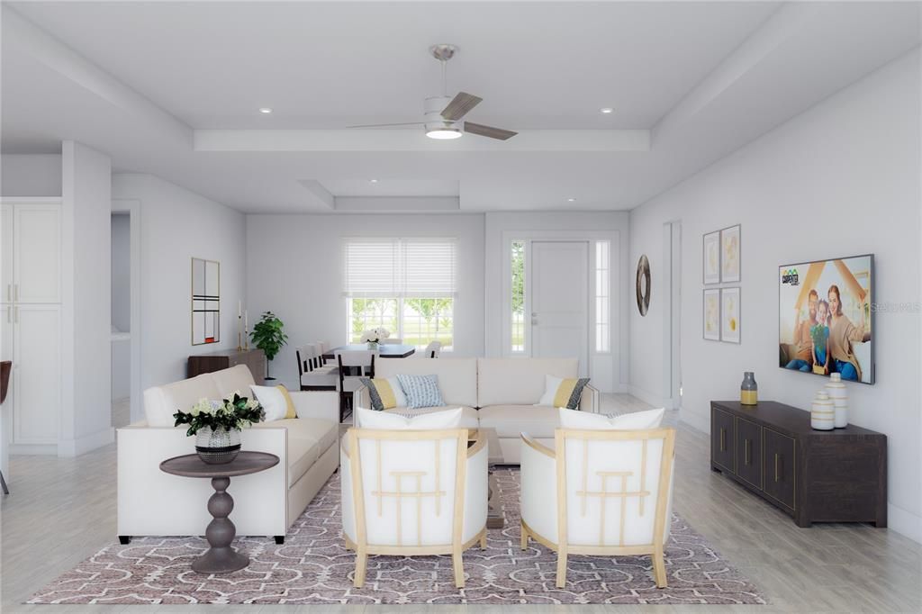 Dining room, Interior, Living room, Recessed Lighting, Wood Texture Flooring