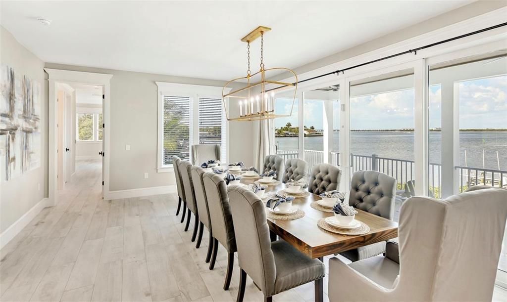 Dining room, Interior, Pendant Lights, Water, Wood Texture Flooring