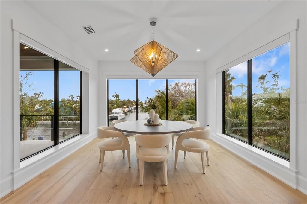 Dining room, Interior, Pendant Lights, Recessed Lighting, Wood Texture Flooring