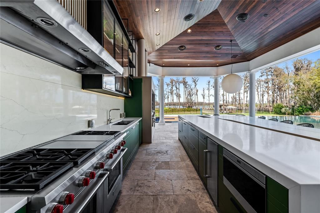 Exterior, Kitchen, Outdoor Kitchen, Pendant Lights, Recessed Lighting, Stainless Steel Appliances, Wooden Ceilings