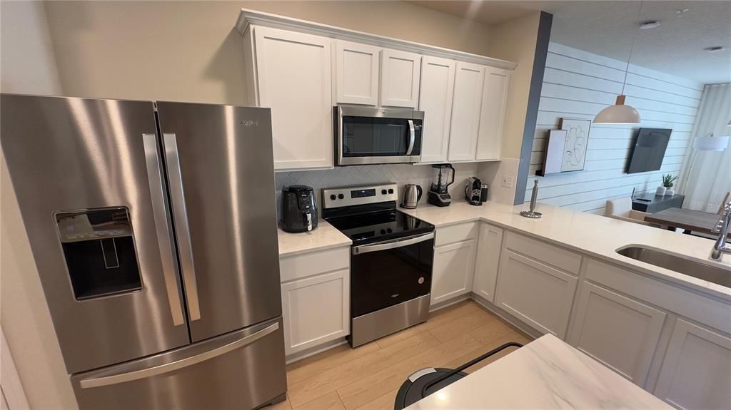 Interior, Kitchen, Pendant Lights, Stainless Steel Appliances, Wood Texture Flooring