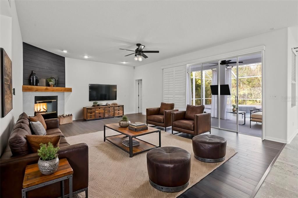 Fireplace, Interior, Living room, Recessed Lighting, Wood Texture Flooring