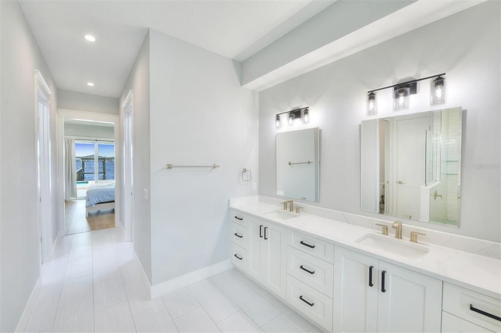 Bathroom, Dual Sink Vanities, Interior, Recessed Lighting, Water, Wood Texture Flooring